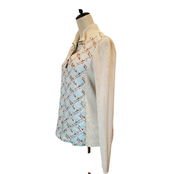 J. McLaughlin SZ L Quilted Silk Bamboo Print Sweater Jacket in Cream & Blue - Picture 4 of 9